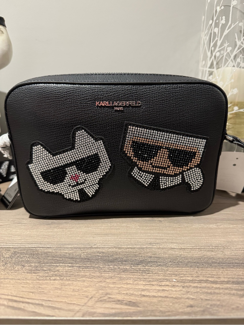 Karl Lagerfeld Black Embellished Crossbody Camera Bag